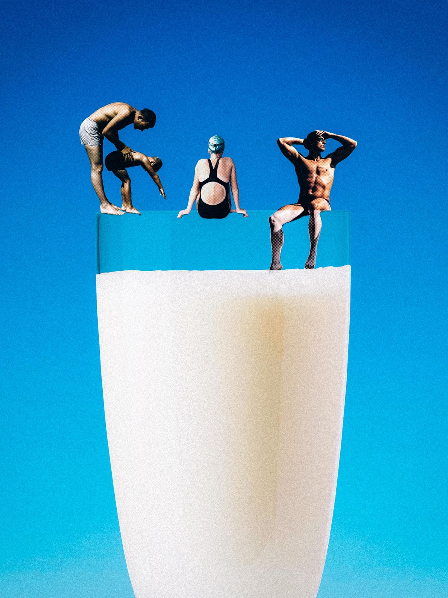 Montage: Kleine Menschen sitzen am Rand eines Milchglases, sie sind in Bademode gekleidet.