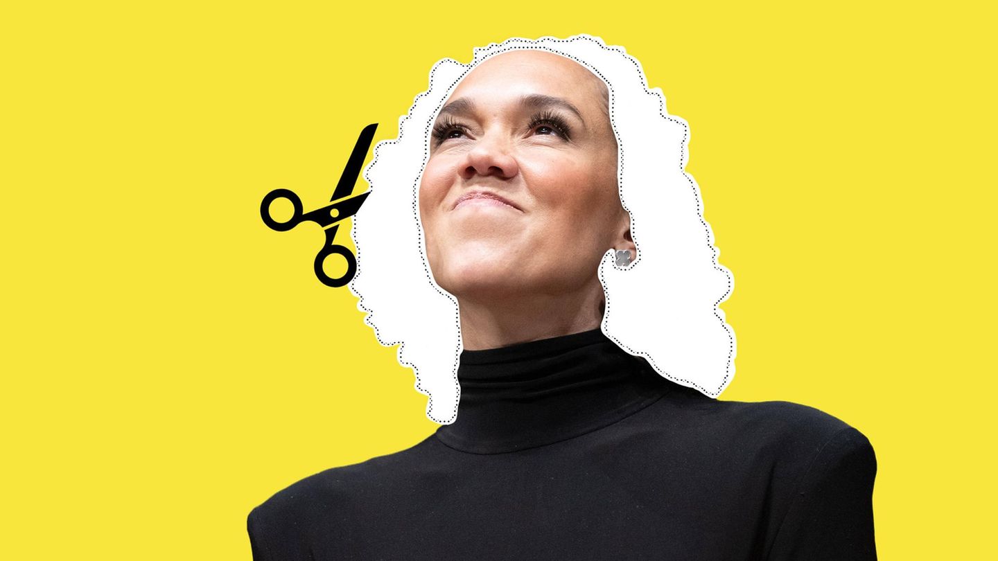 Montage zeigt FDP-Generalsekretärin Nicole Büttner mit einer Schere und einer Schnittkante um ihre Haare