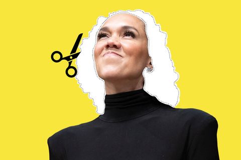 Montage zeigt FDP-Generalsekretärin Nicole Büttner mit einer Schere und einer Schnittkante um ihre Haare