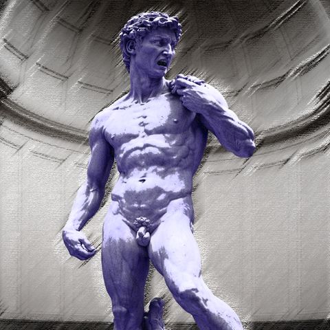 Eine abgewandelte Variante von Michelangelos David. Er verzieht wütend das Gesicht