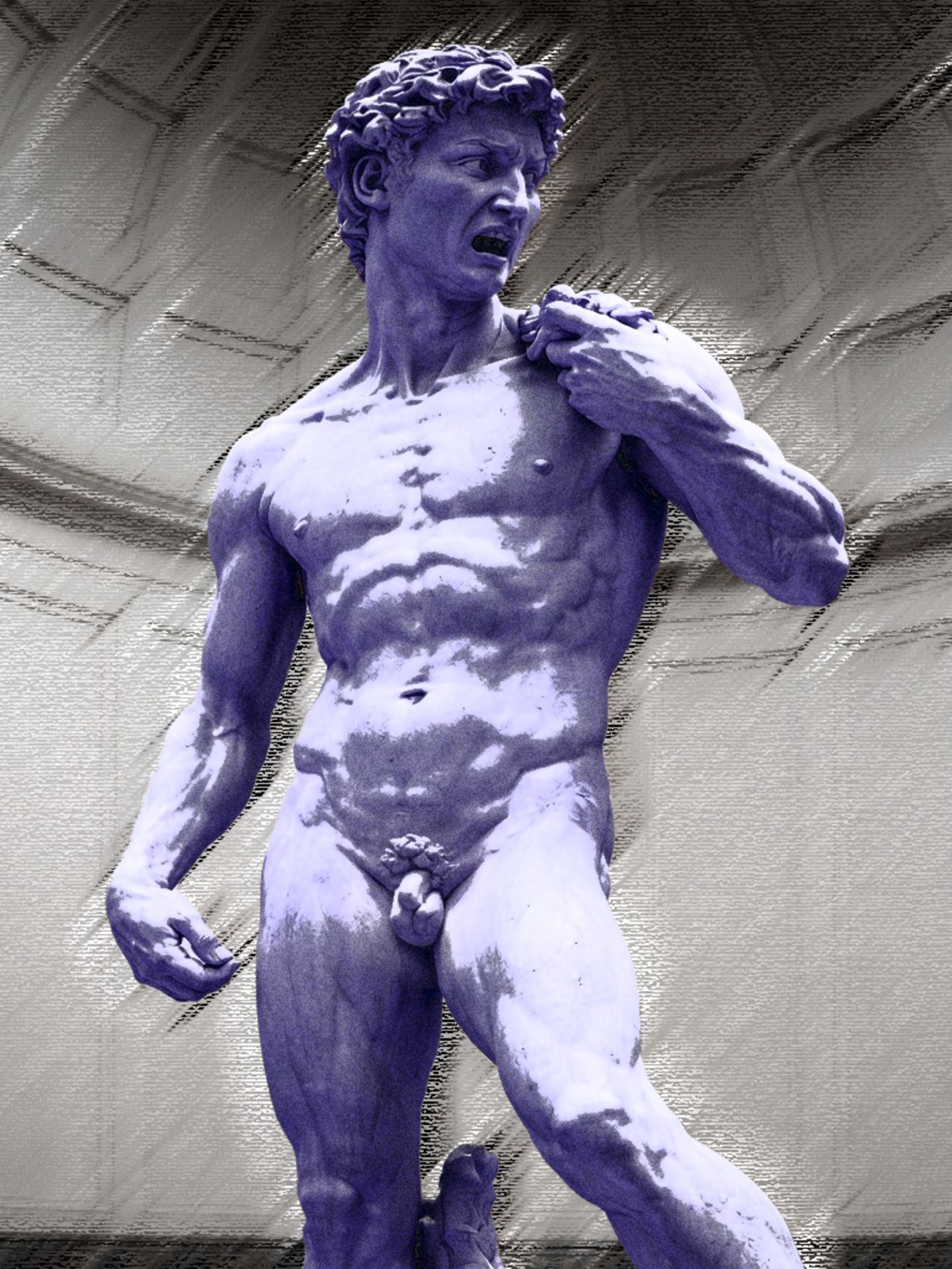 Eine abgewandelte Variante von Michelangelos David. Er verzieht wütend das Gesicht