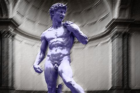 Eine abgewandelte Variante von Michelangelos David. Er verzieht wütend das Gesicht