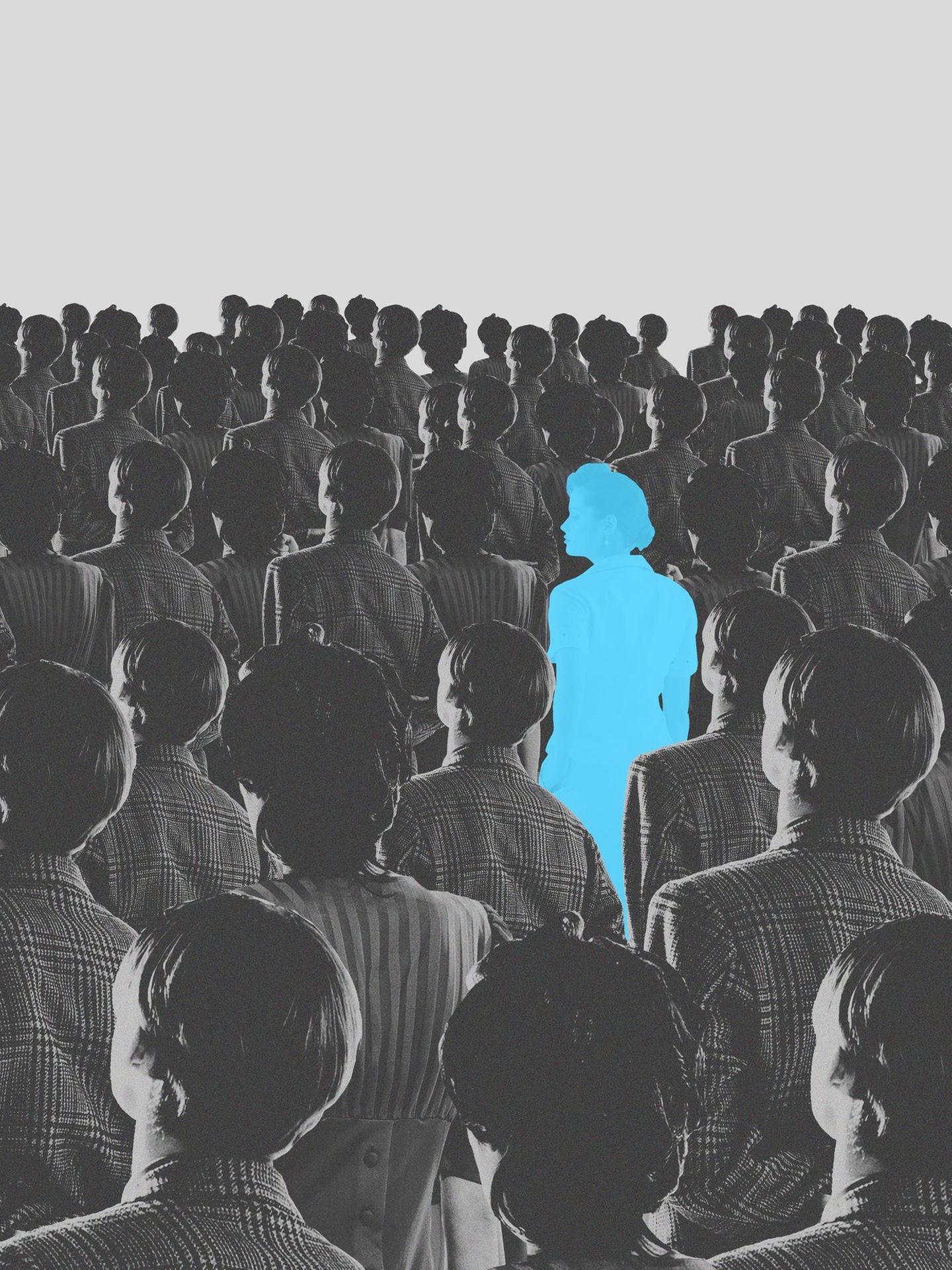 Collage zeigt die vielfache Kopie einer von hinten fotografierten Frau. Mittendrin eine andere Frau, blau hervorgehoben