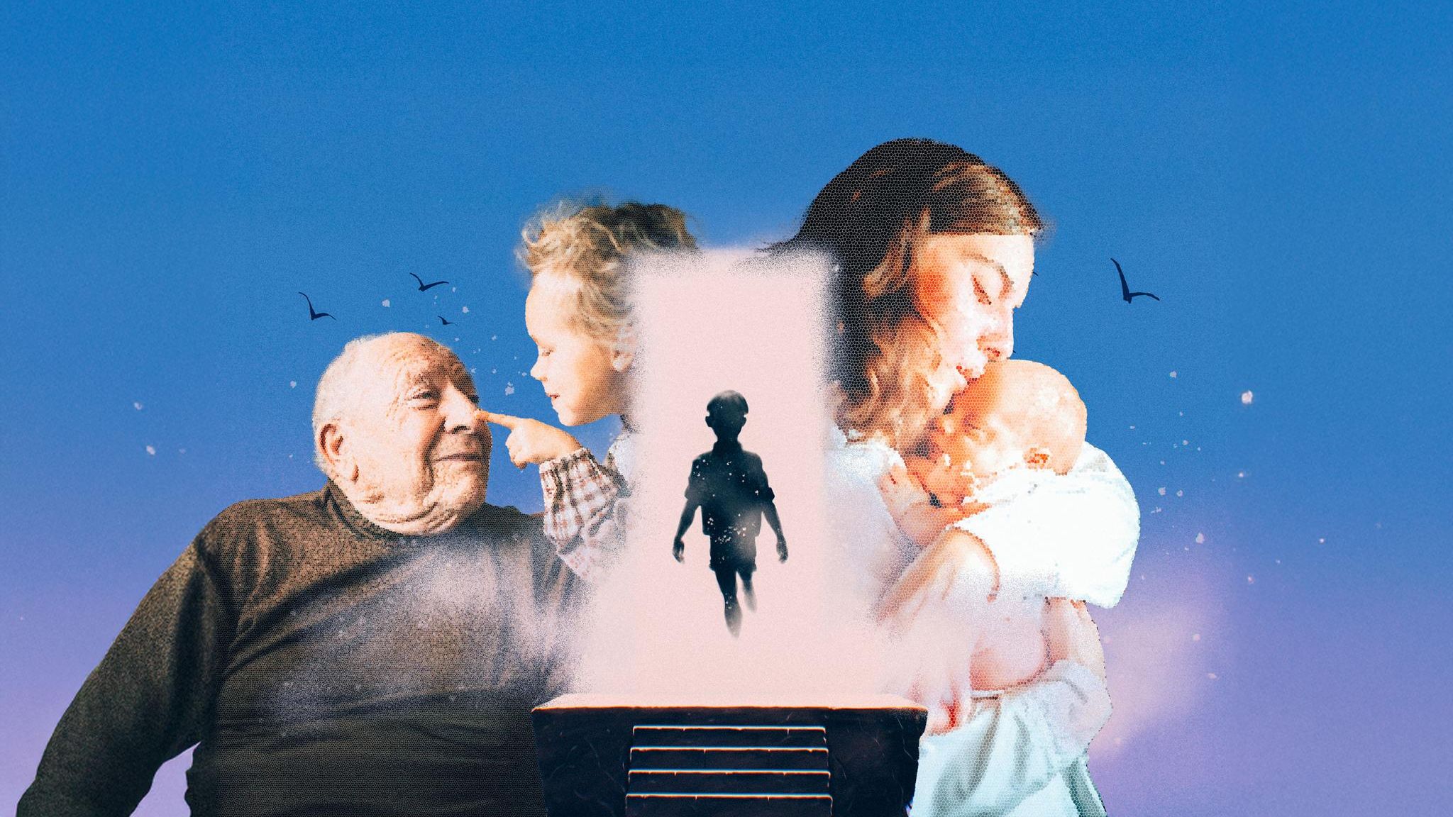 Mutter mit ihrem Kind im Arm und Großvater mit Enkel (Collage zum Thema Erziehung)