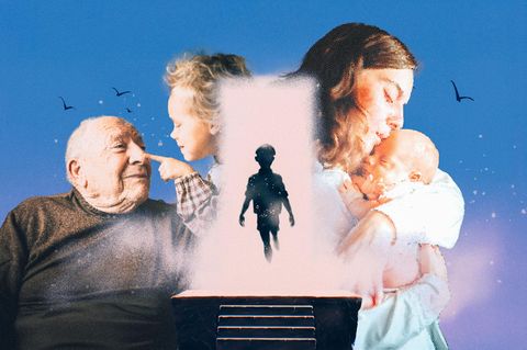 Mutter mit ihrem Kind im Arm und Großvater mit Enkel (Collage zum Thema Erziehung)