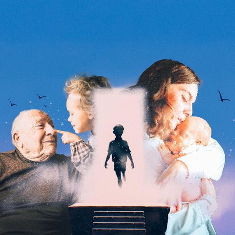 Mutter mit ihrem Kind im Arm und Großvater mit Enkel (Collage zum Thema Erziehung)