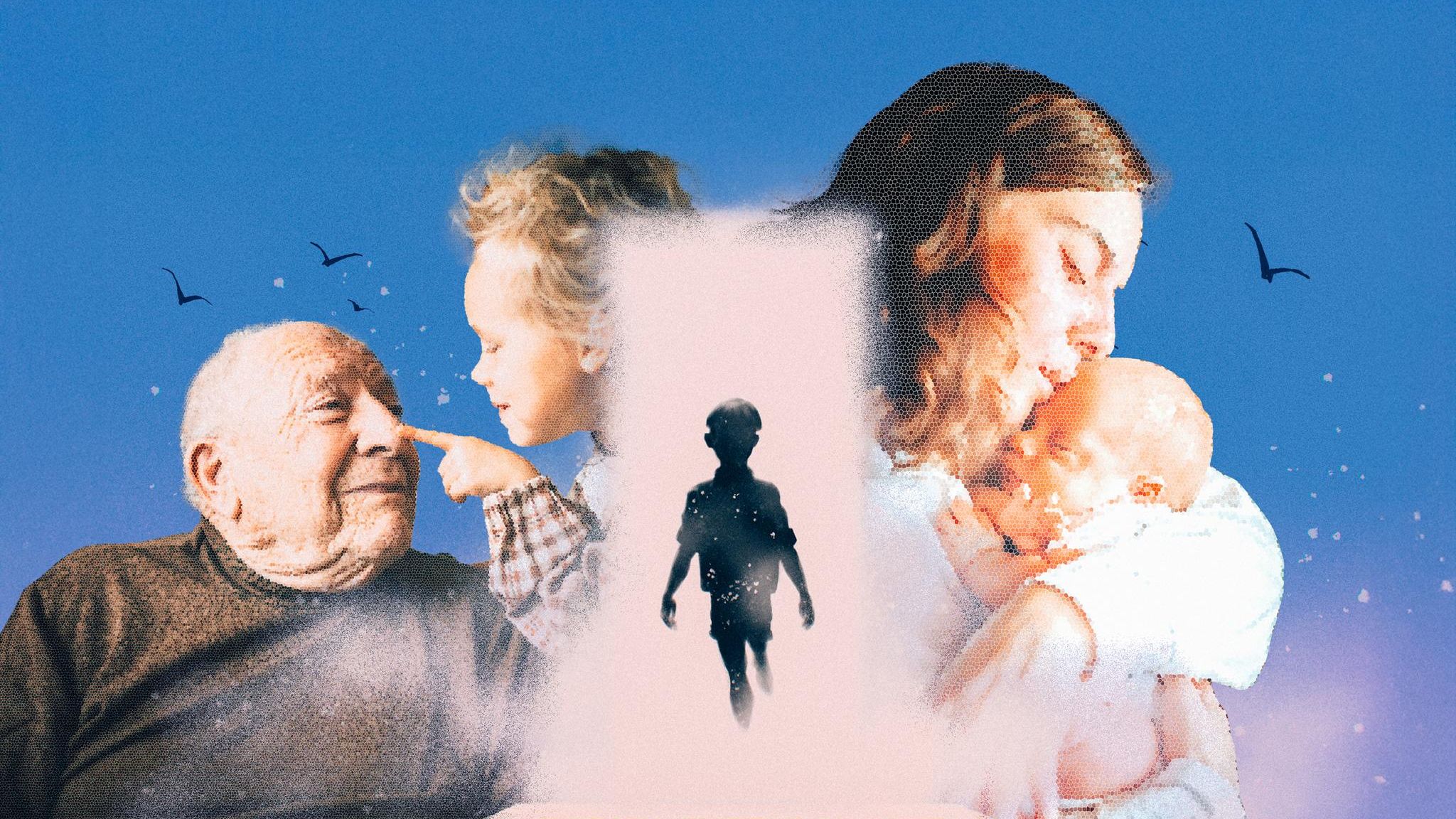 Mutter mit ihrem Kind im Arm und Großvater mit Enkel (Collage zum Thema Erziehung)