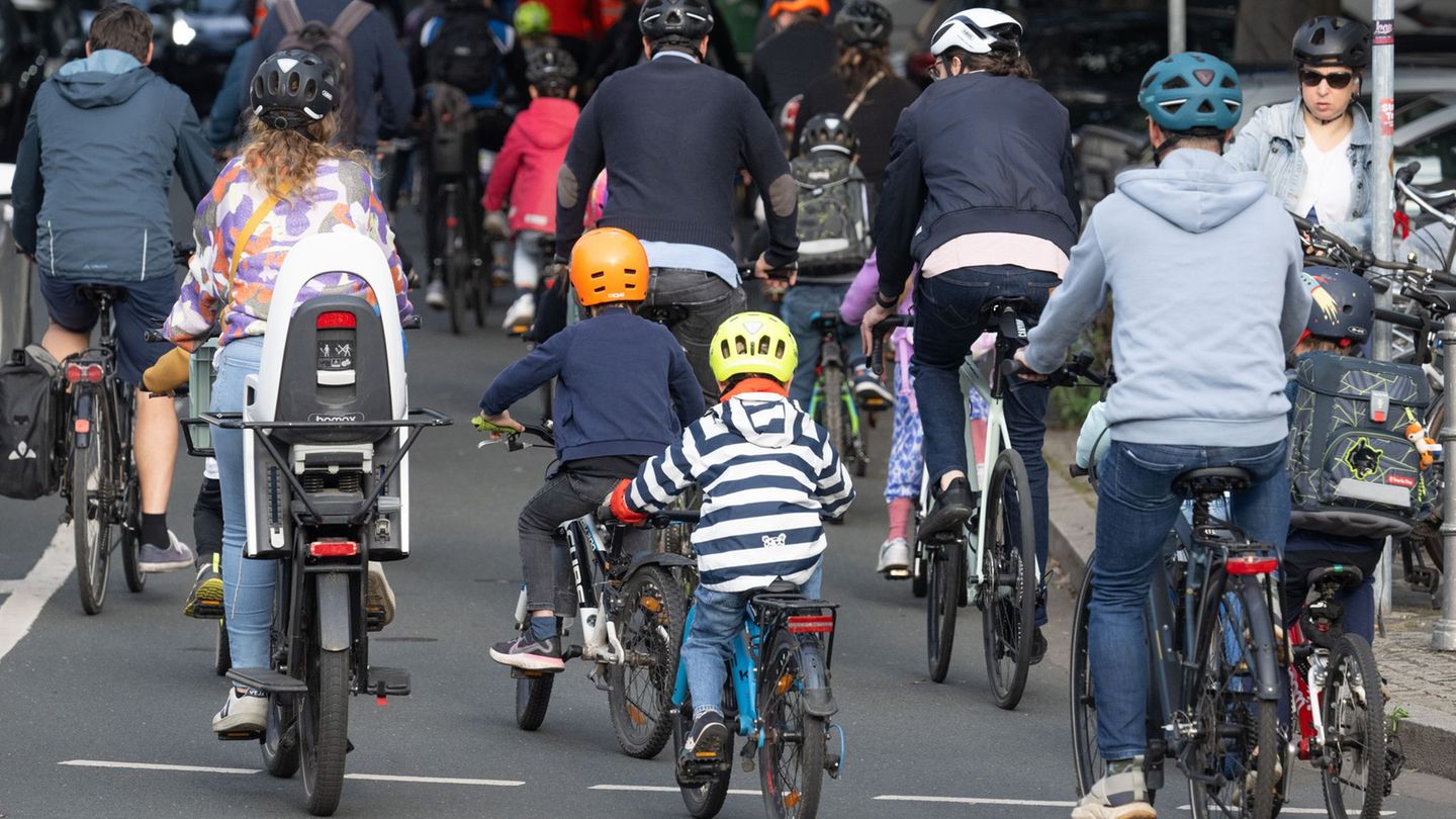 Ein "Bici-Bus" rollt durch Frankfurt: Die Kinder werden durch die Erwachsenen abgeschirmt. (Symbolbild) Foto: Boris Roessler/dpa