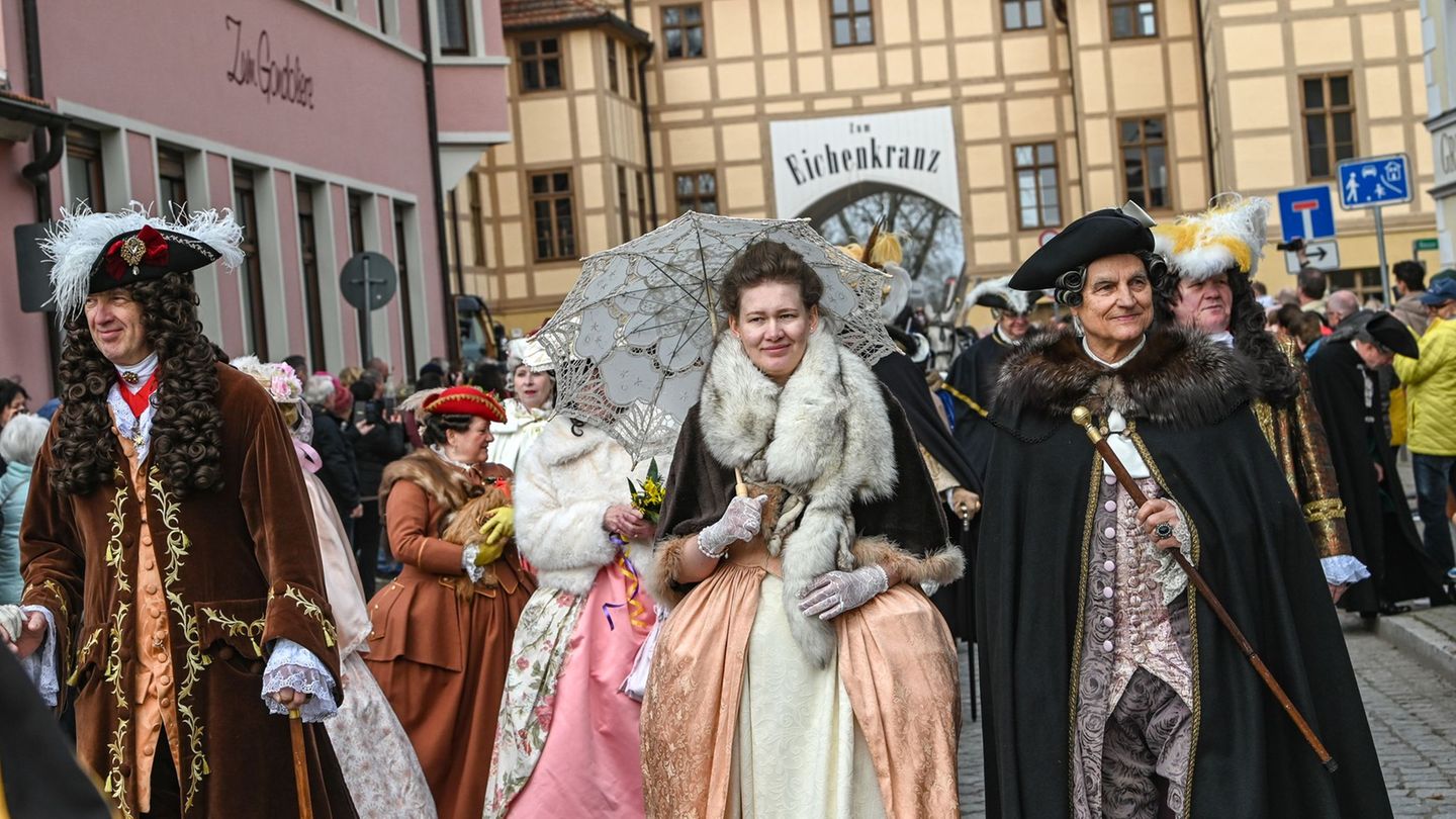 Beim traditionellen Festumzug ziehen kostümierte Teilnehmerinnen und Teilnehmer durch die Stadt. Foto: Heiko Rebsch/dpa/ZB