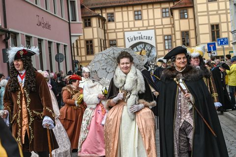 Beim traditionellen Festumzug ziehen kostümierte Teilnehmerinnen und Teilnehmer durch die Stadt. Foto: Heiko Rebsch/dpa/ZB