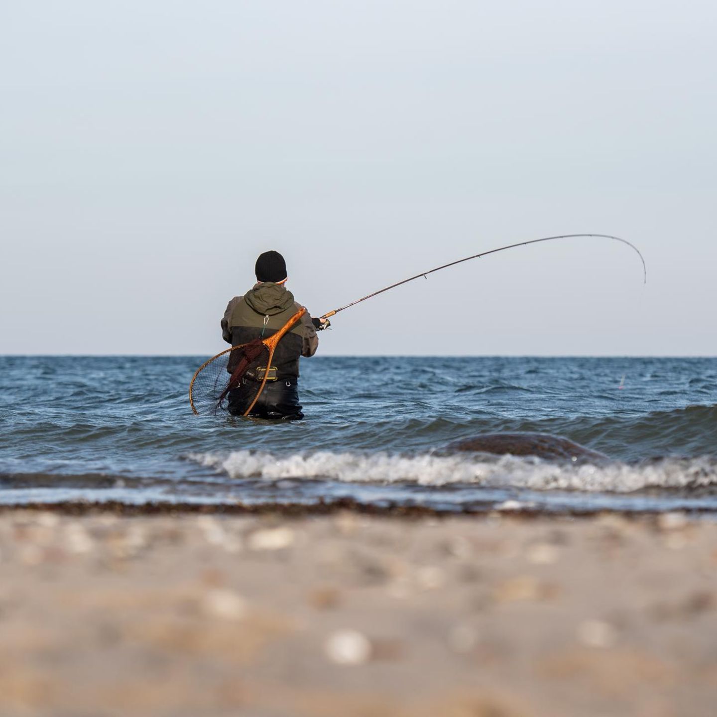 Ein Angler steht mit Wathose in den Wellen der Ostsee und geht seinem Hobby nach