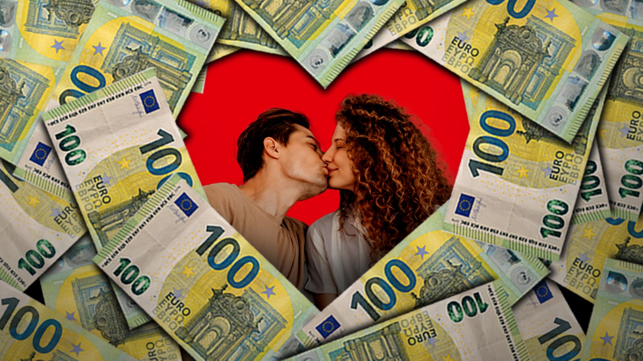 Geldscheine formen ein Herz, auf dem sich ein Paar küsst