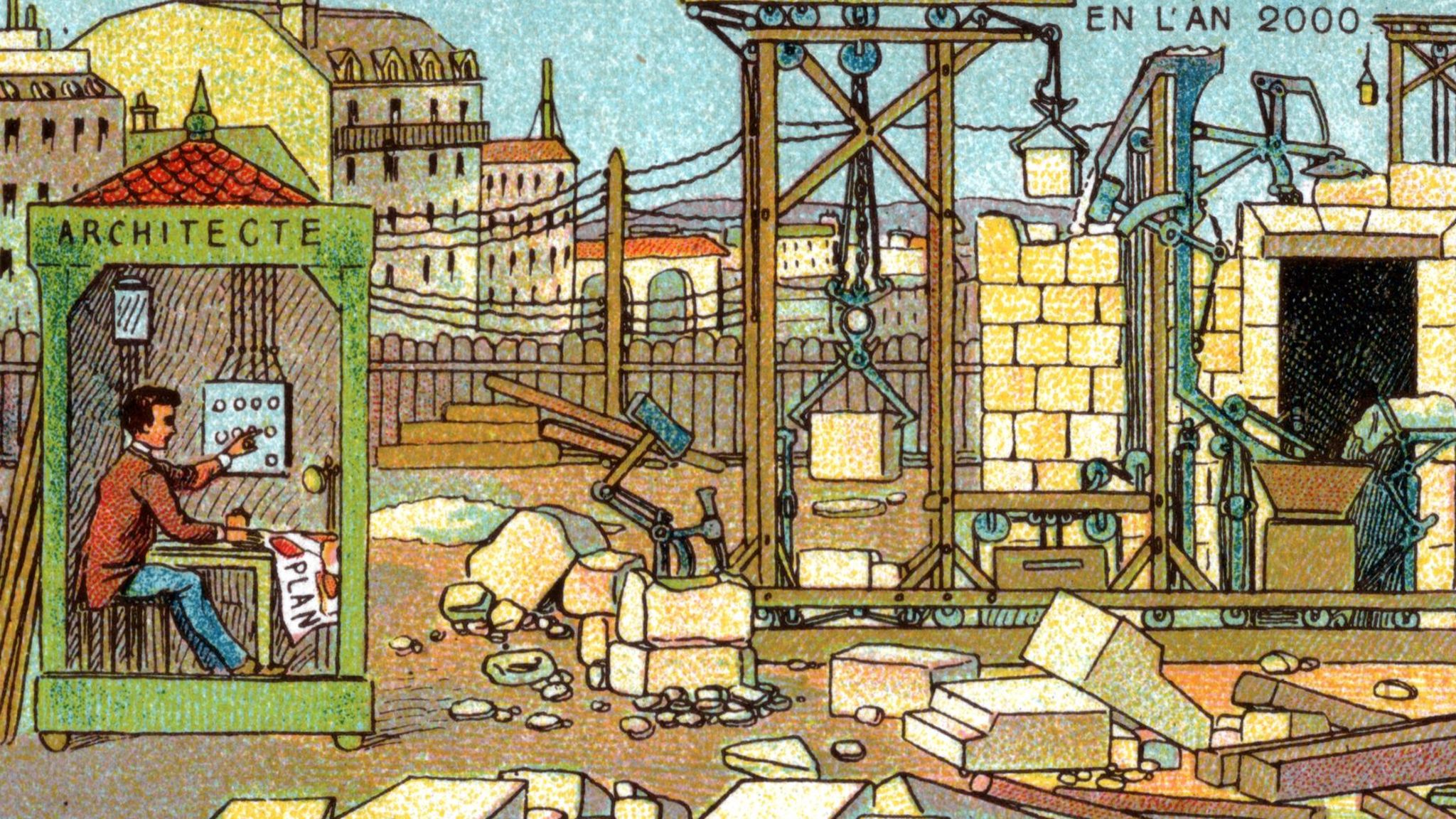 Der französische Künstler Jean-Marc Côté entwarf zwischen 1899 und 1910 Visionen der Zukunft. Darunter auch eine automatisierte Baustelle ohne Arbeiter: angesichts träger Digitalisierung der Branche bis heute eher unrealistisch