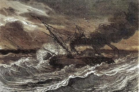 Ein kleiner Schaufelraddampfer in schwerer See; das Schiff liegt fast auf der Seite; Radierung; 19. Jahrhundert