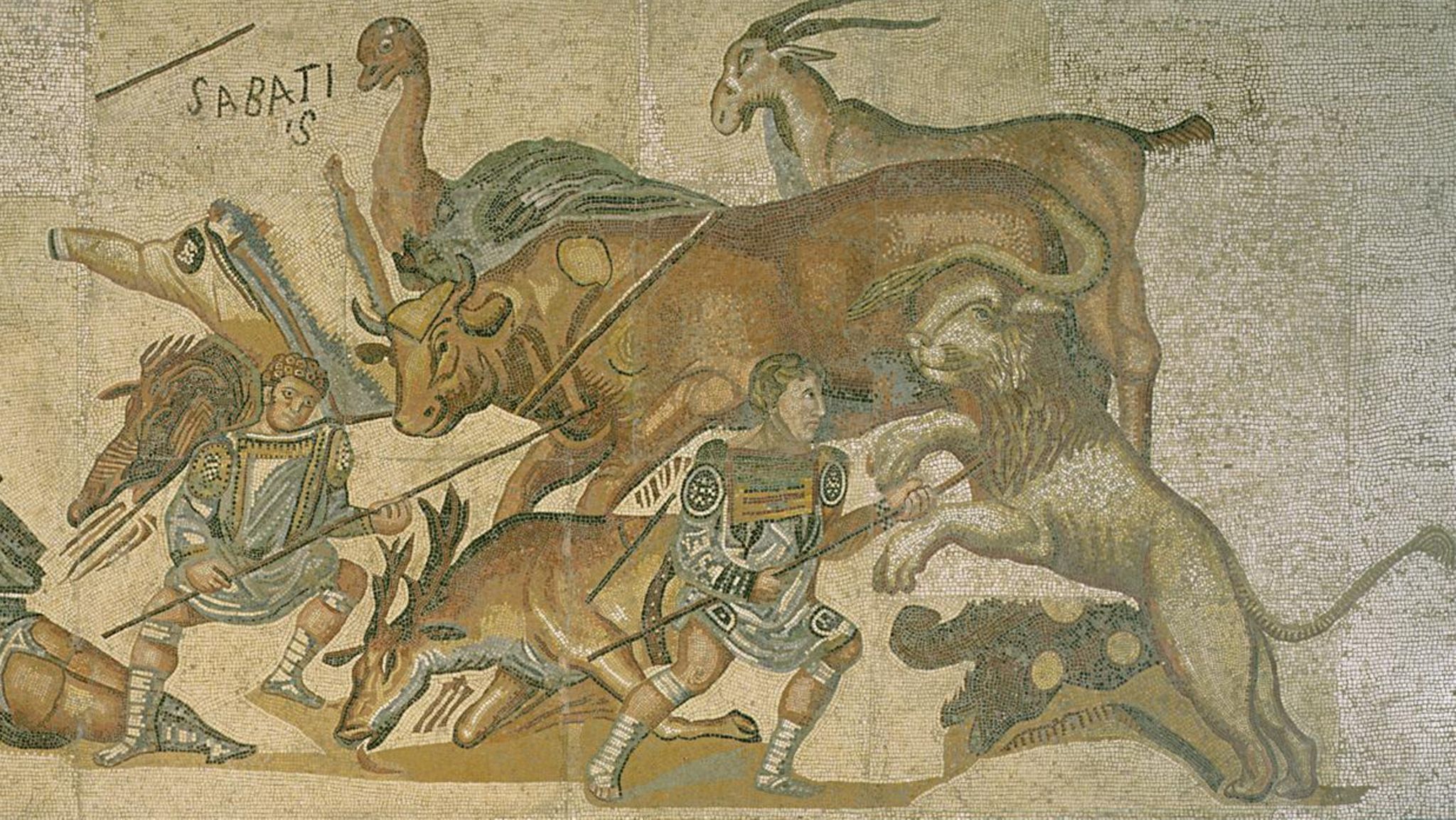 Rom: Mosaik, auf dem Gladiatoren gegen Löwen und andere wilde Tiere kämpfen