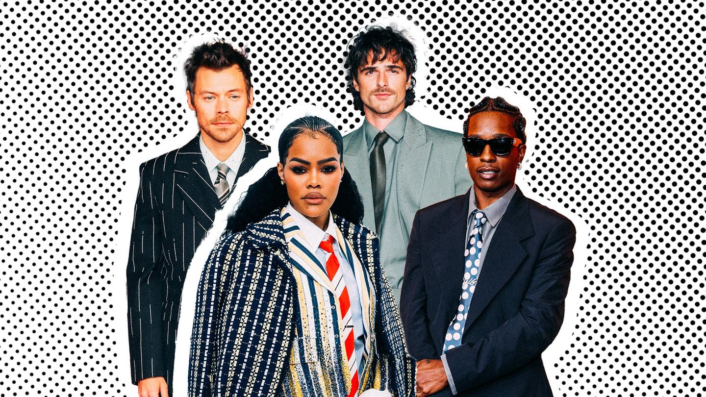 Krawatte: Montage zeigt drei Männer und eine Frau modisch gekleidet mit Krawatten