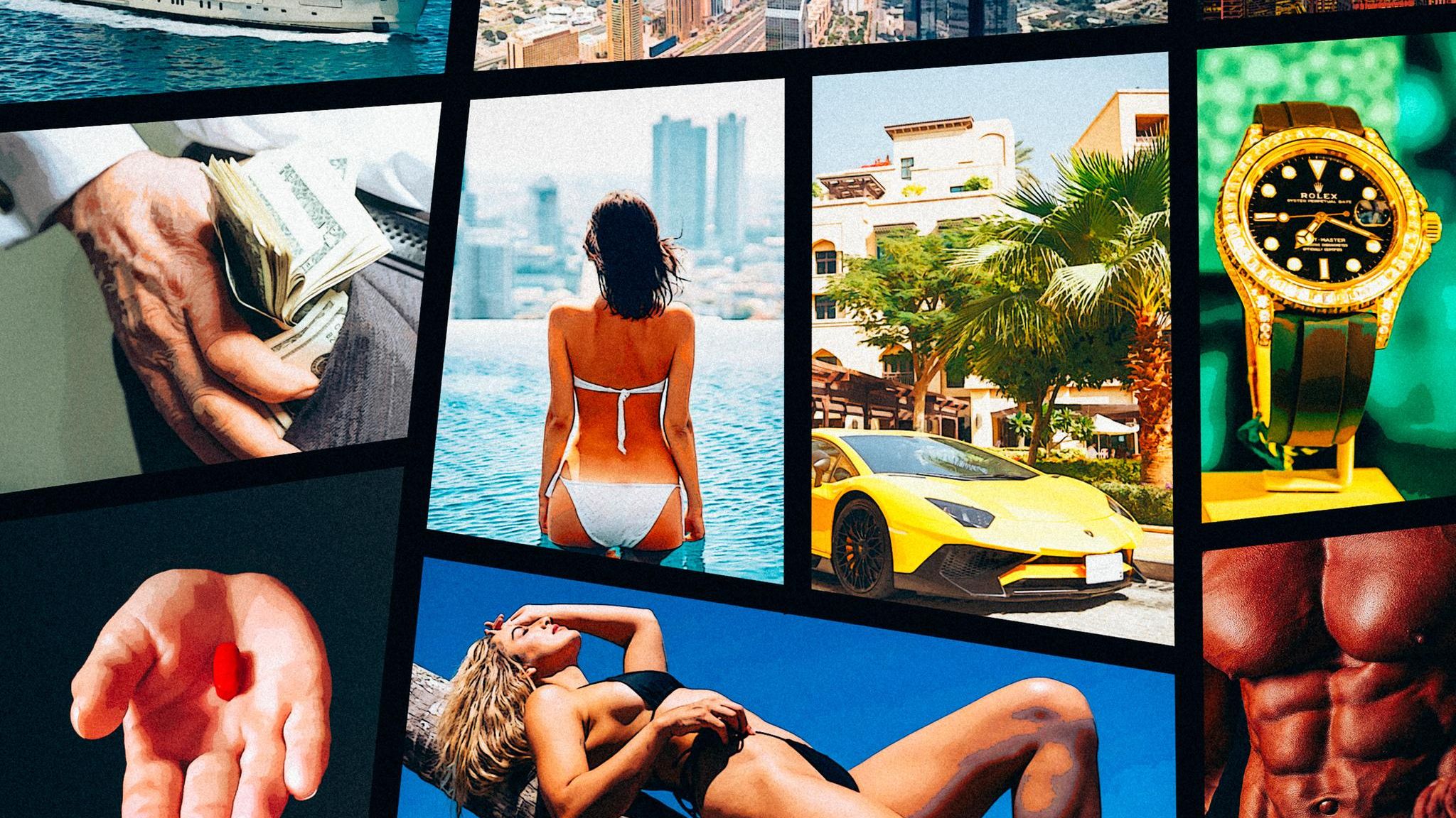 Die Montage zeigt verschiedene Themen aus der Manosphere: Frauen, Schnelle Autos, Teure Uhren und Dubai.