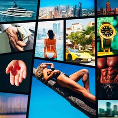 Die Montage zeigt verschiedene Themen aus der Manosphere: Frauen, Schnelle Autos, Teure Uhren und Dubai.