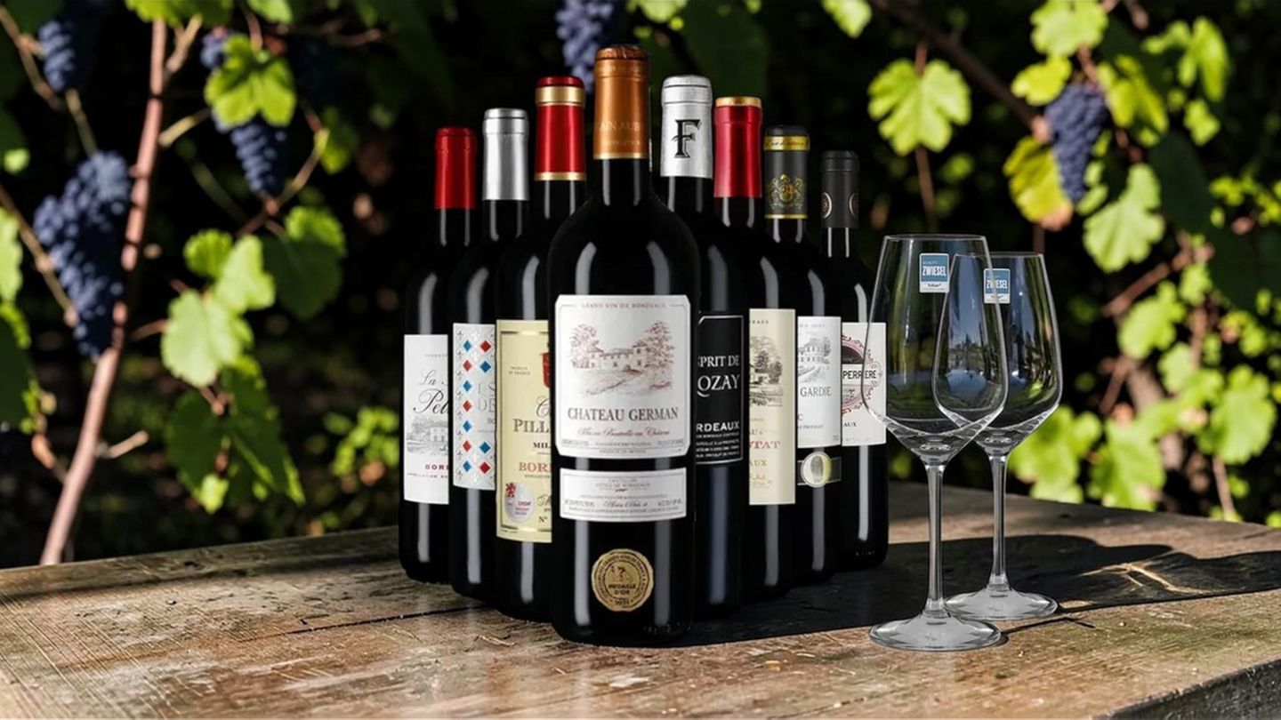Bordeaux-Paket mit acht Rotweinen und zwei Gläsern