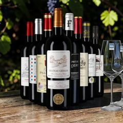 Bordeaux-Paket mit acht Rotweinen und zwei Gläsern