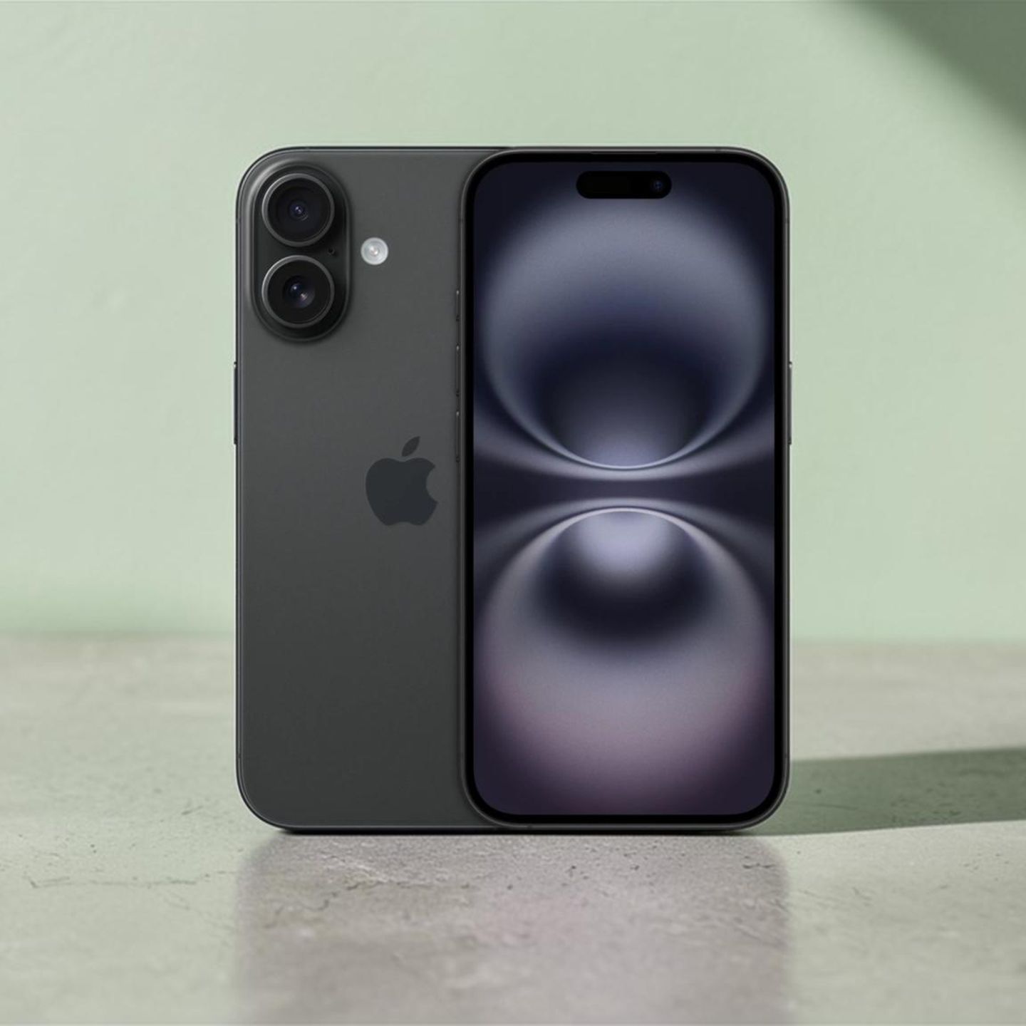 iPhone 16 vor hellgrünem Hintergrund