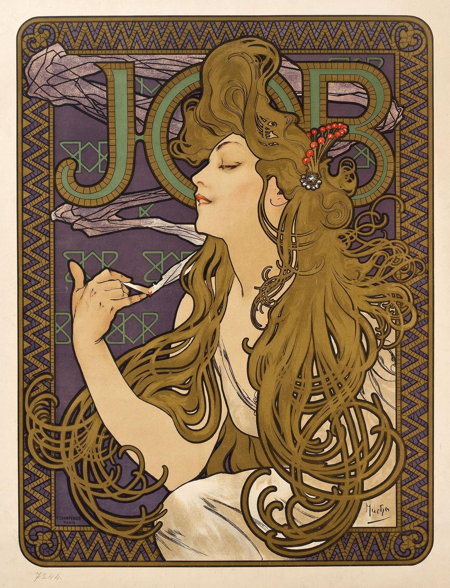 Spielerisch fließt das lange Haar um Kopf und Schultern der Frau und formt sich zu Ornamenten auf diesem Jugendstil-Plakat von Alfons Mucha. Er prägte mit seinen Werken Ende des 19. Jahrhunderts einen eigenen Typus der idealisierten Frauenfigur in der Werbung.