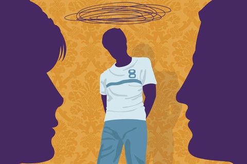 Illustration: Eltern sprechen, dazwischen ein Junge mit Schwindel