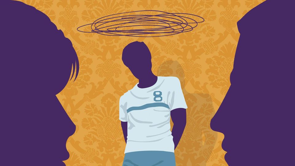 Illustration: Eltern sprechen, dazwischen ein Junge mit Schwindel