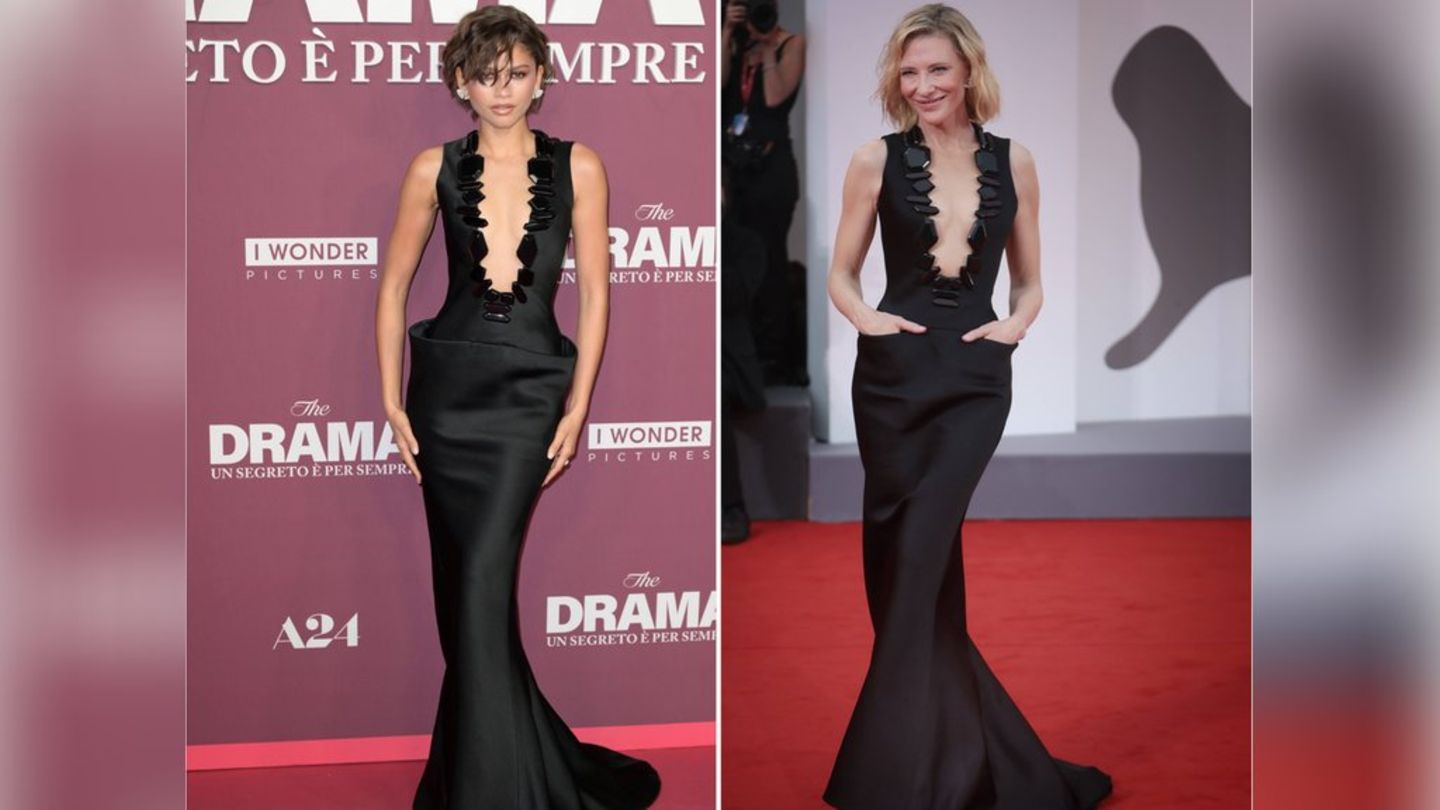 Zendaya (l.) trug bei der Premiere von "Das Drama" in Rom ein Armani-Kleid, das Cate Blanchett bereits zweimal auf dem roten T