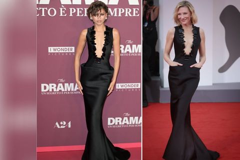 Zendaya (l.) trug bei der Premiere von "Das Drama" in Rom ein Armani-Kleid, das Cate Blanchett bereits zweimal auf dem roten T