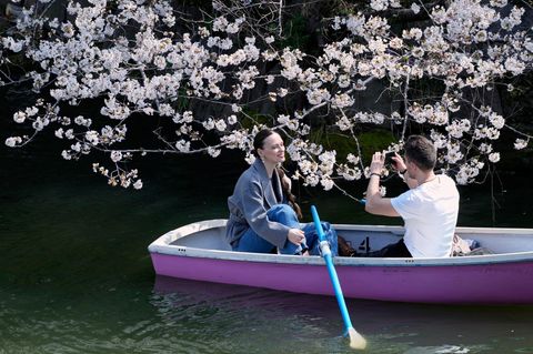 Tokio, Japan. Na, wer ist schöner: die junge Frau oder die Kirschblüte? Bei der Bootstour am Chidorigafuchi-Palastgraben hält der Fotograf beider Schönheit fest.