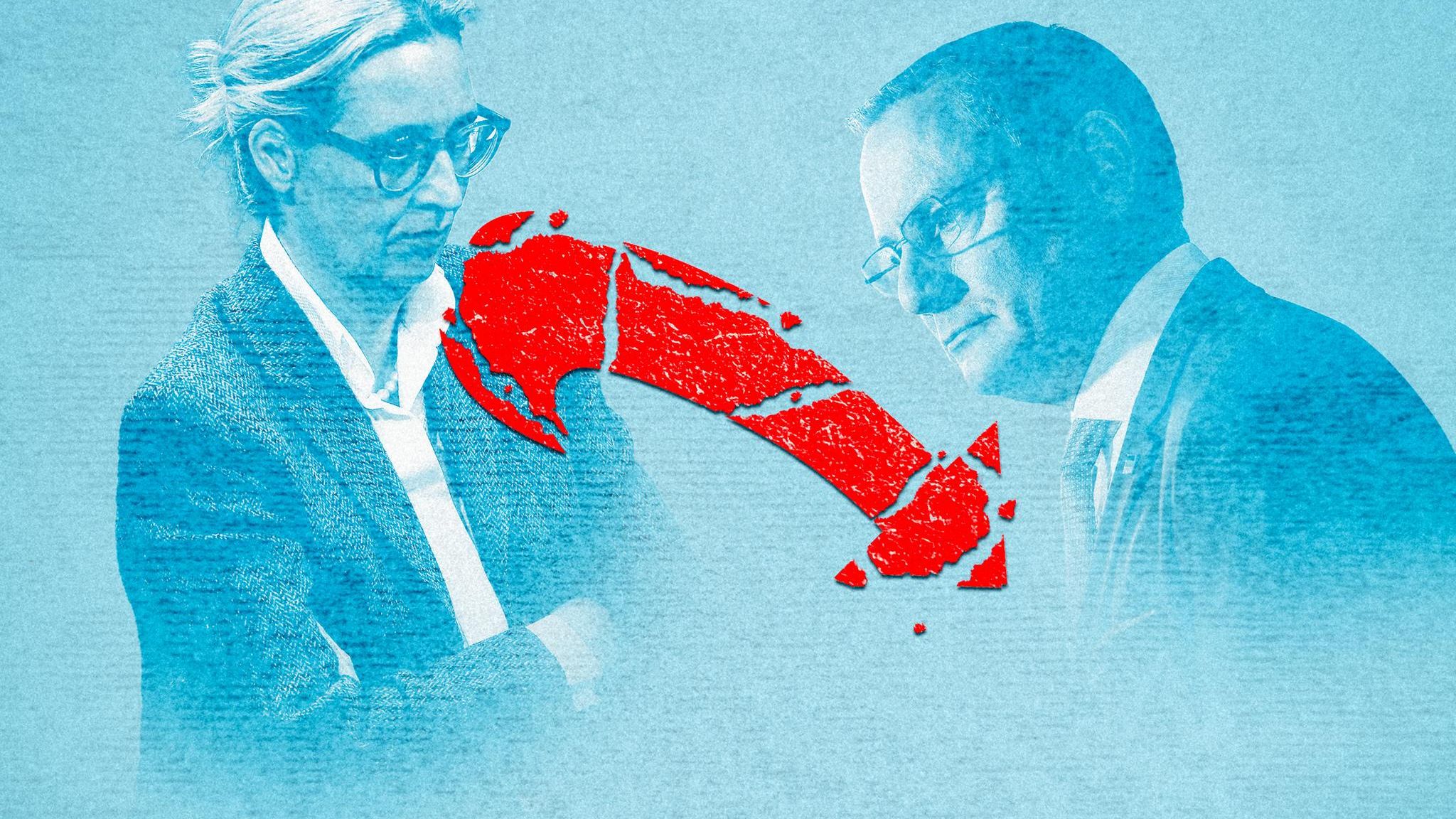 Montage: Chruppala und Weidel hinter einem umgedrehten und zebrochenen AfD-Pfeil