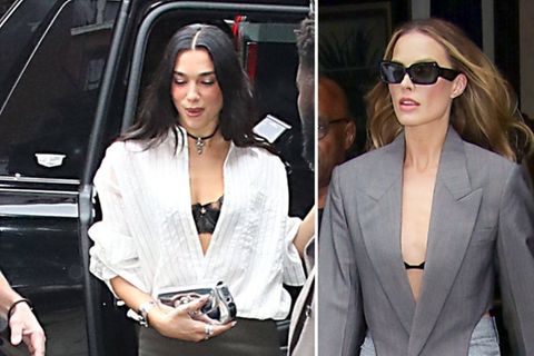 Dua Lipa und Margot Robbie setzen auf den "Peekaboo Bralette"-Trend.