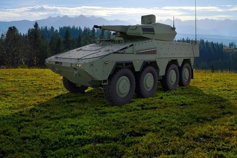 Drohnenabwehr-Projekt Skyranger: Ein Panzer auf einer Wiese, Berge im Hintergrund