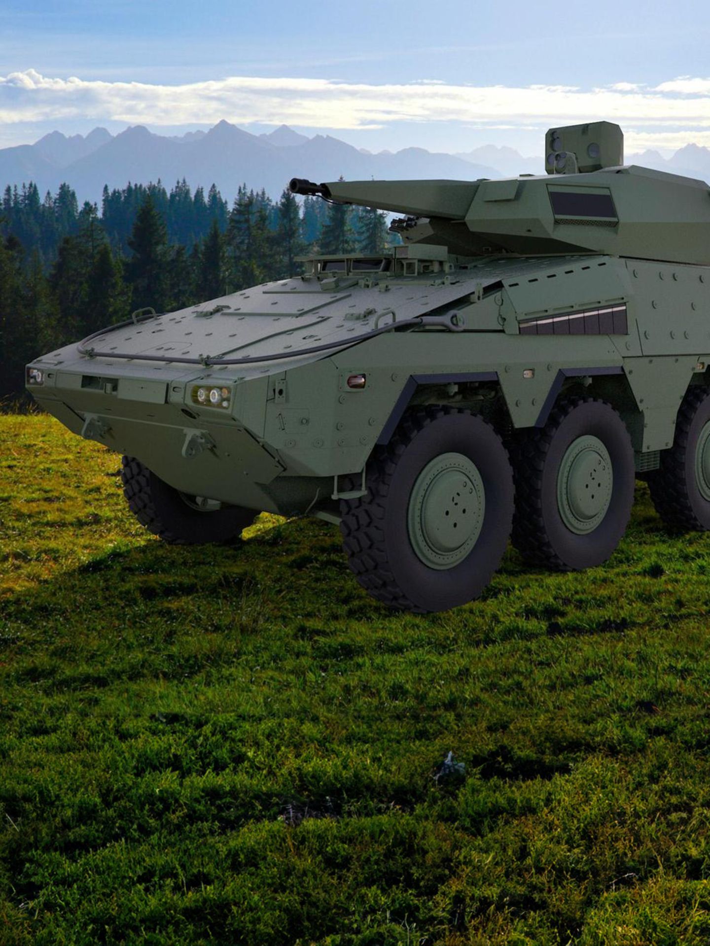 Drohnenabwehr-Projekt Skyranger: Ein Panzer auf einer Wiese, Berge im Hintergrund