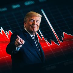 Montage zeigt Donald Trump vor einem Börsenkurs-Chart