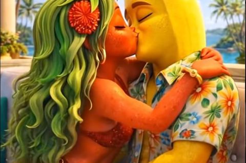 Eine animierte Erdbeere küsst eine animierte Banane