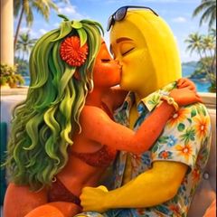 Eine animierte Erdbeere küsst eine animierte Banane