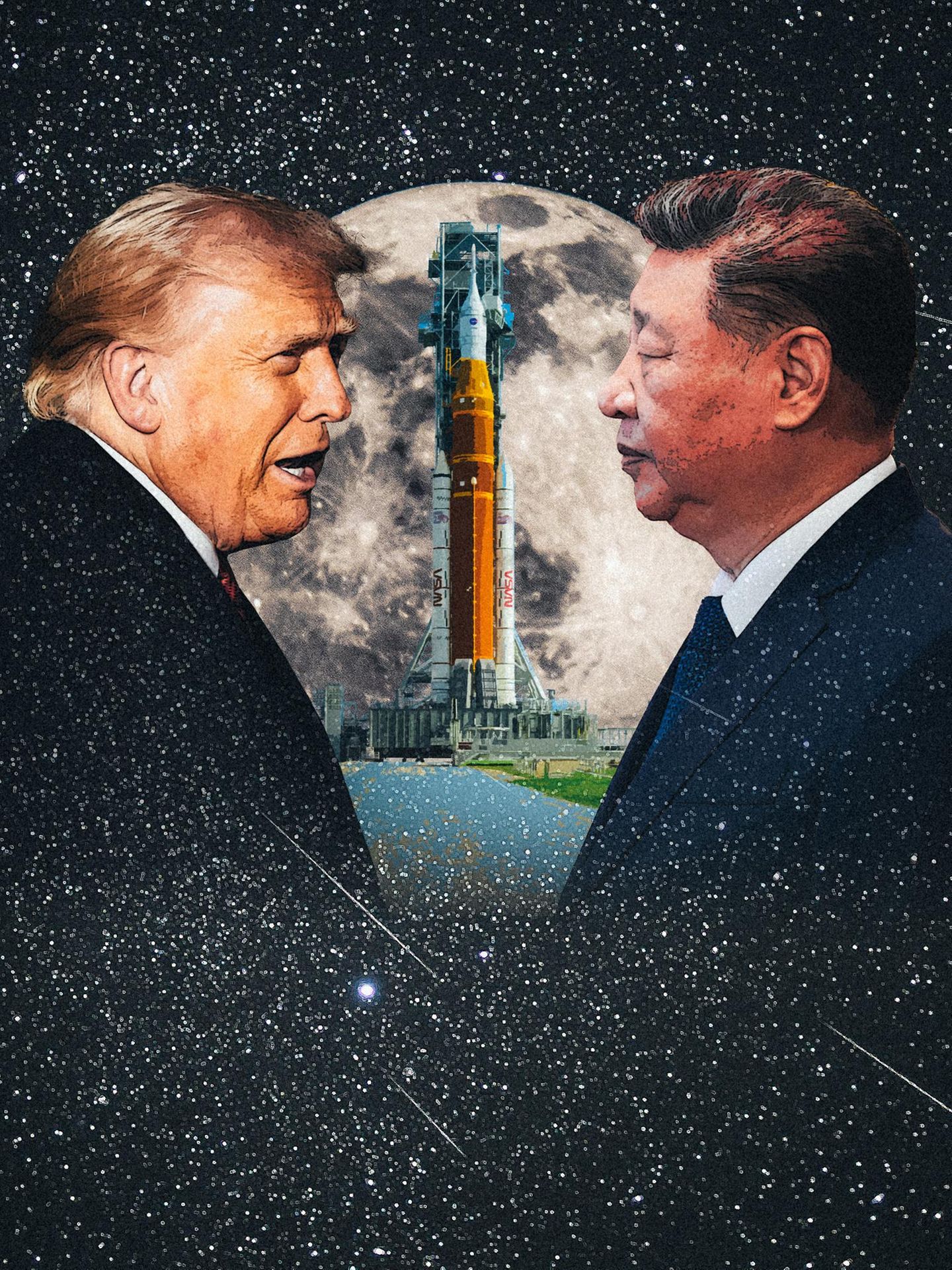 Montage: Trump und Xi Jinping vor der Artemis-Rakete. Im Hintergrund ist ein großer Mond vor einem Sternenhimmel zu sehen.
