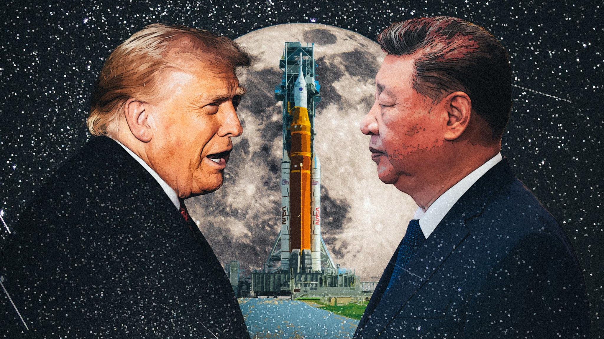 Montage: Trump and Xi Jinping in front of the Artemis rocket. In the background you can see a large moon against a starry sky.