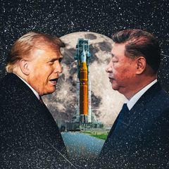 Montage: Trump und Xi Jinping vor der Artemis-Rakete. Im Hintergrund ist ein großer Mond vor einem Sternenhimmel zu sehen.