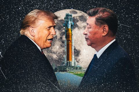 Montage: Trump und Xi Jinping vor der Artemis-Rakete. Im Hintergrund ist ein großer Mond vor einem Sternenhimmel zu sehen.
