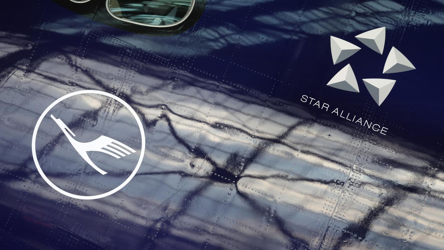 Die Logos der Lufthansa und der Star Alliance auf einem Flugzeug