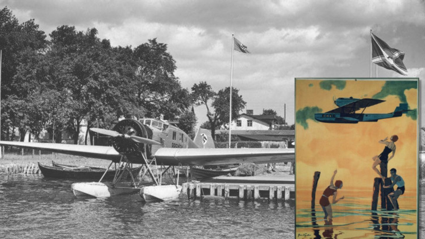 Eine Junkers F 13 mit Schwimmern, festgemacht an einem Bootssteg