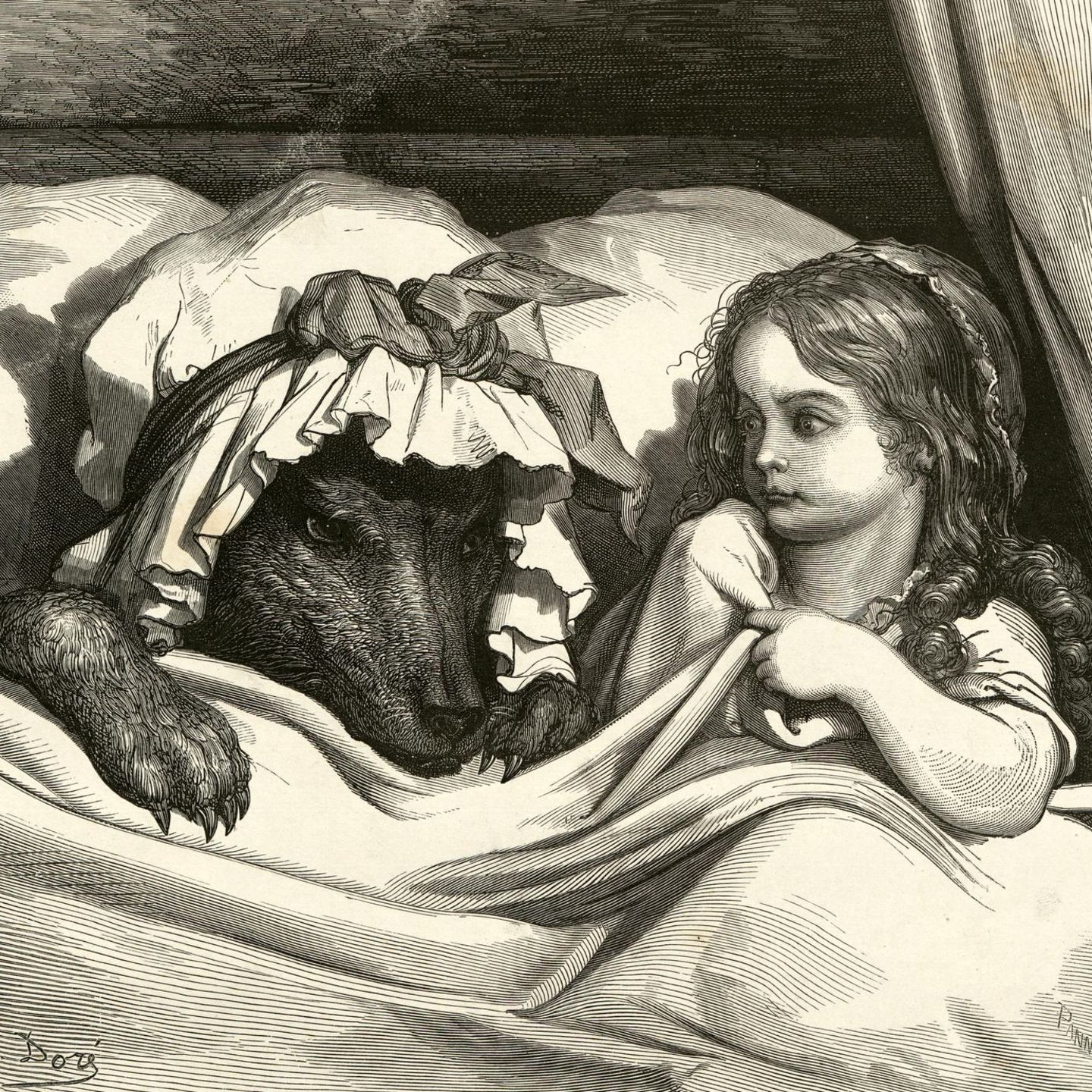 Mädchen liegt mit einem als Großmutter verkleideten Wolf im Bett