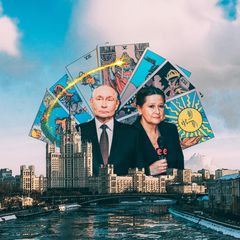 Kollage mit Putin und der Wahrsagerin Tamara Globa