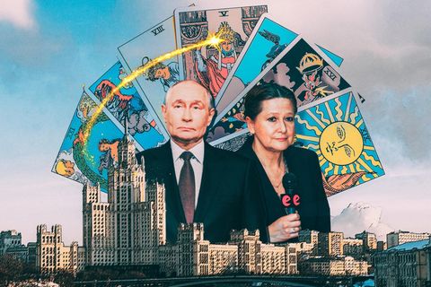 Kollage mit Putin und der Wahrsagerin Tamara Globa