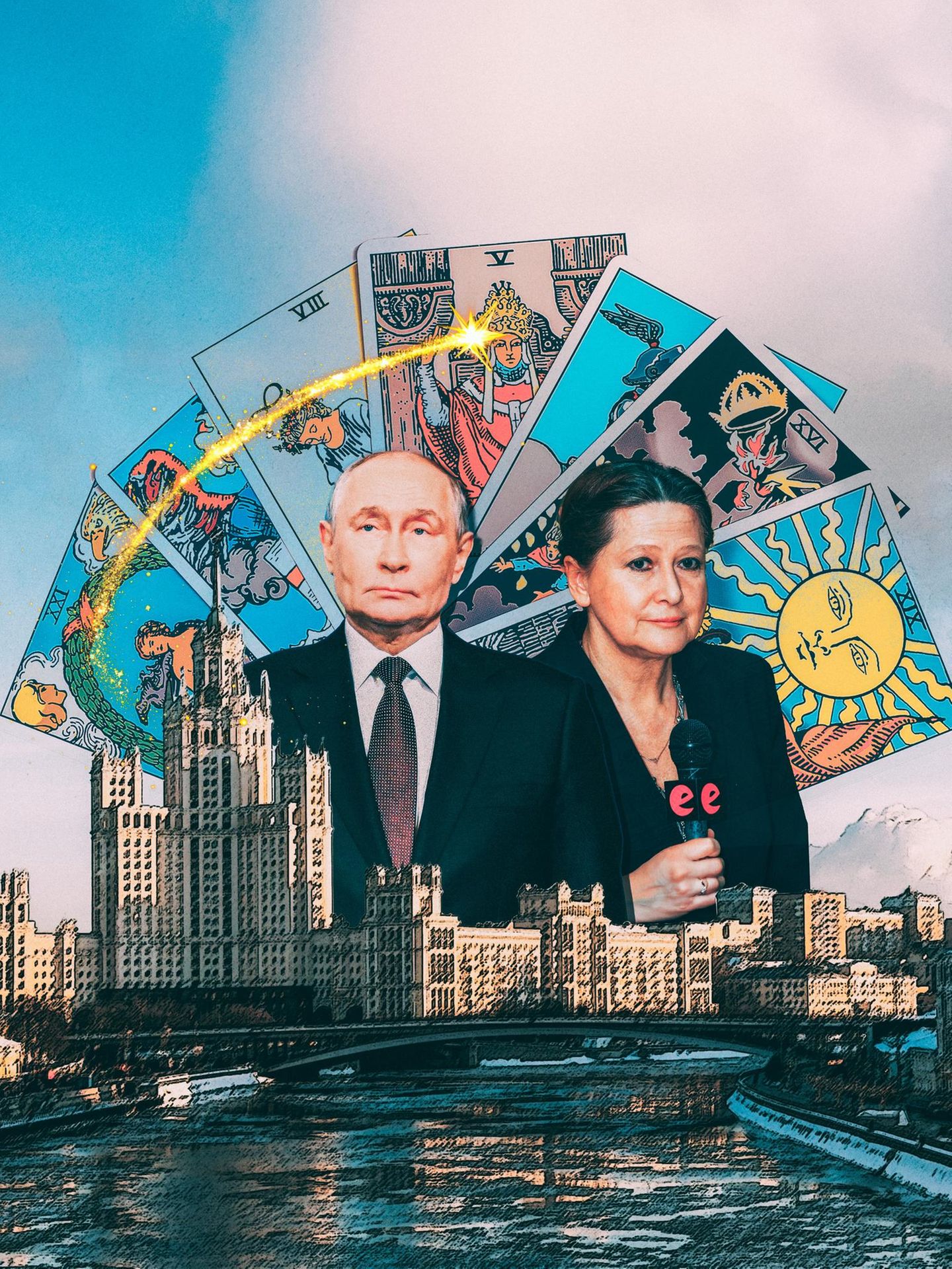 Kollage mit Putin und der Wahrsagerin Tamara Globa