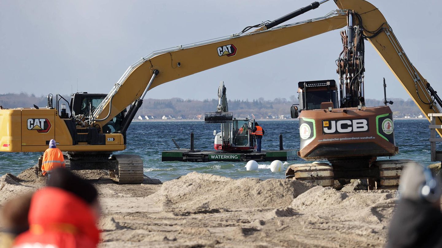 Bagger graben dem Wal eine Rinne von der Sandbank in tieferes Wasser