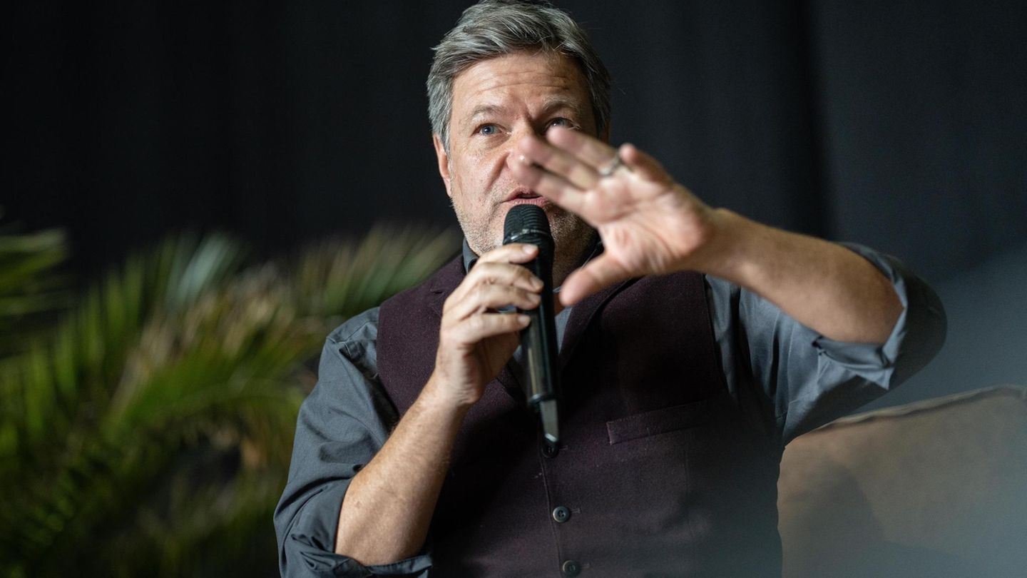 Robert Habeck spricht auf einer Bühne